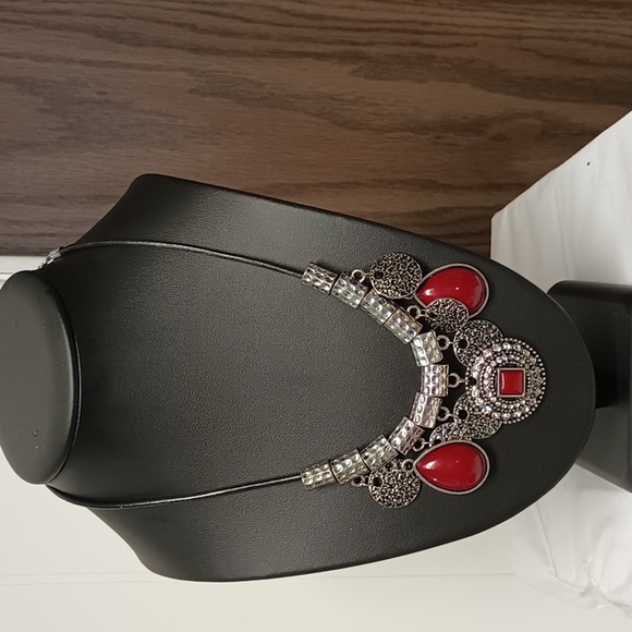 Premier Designs Jewelry - Premier Designs Rhinestone and Red Acrylic Tribal Dangle Coin Statement Necklace